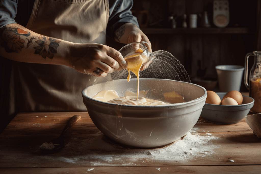 A close-up of a bowl of sourdough discard being added to a pancake batter mix, showcasing its versatility in recipes.