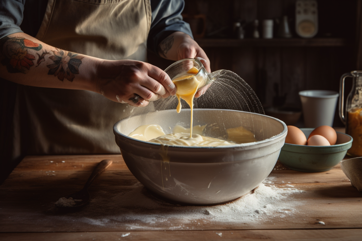 A close-up of a bowl of sourdough discard being added to a pancake batter mix, showcasing its versatility in recipes.