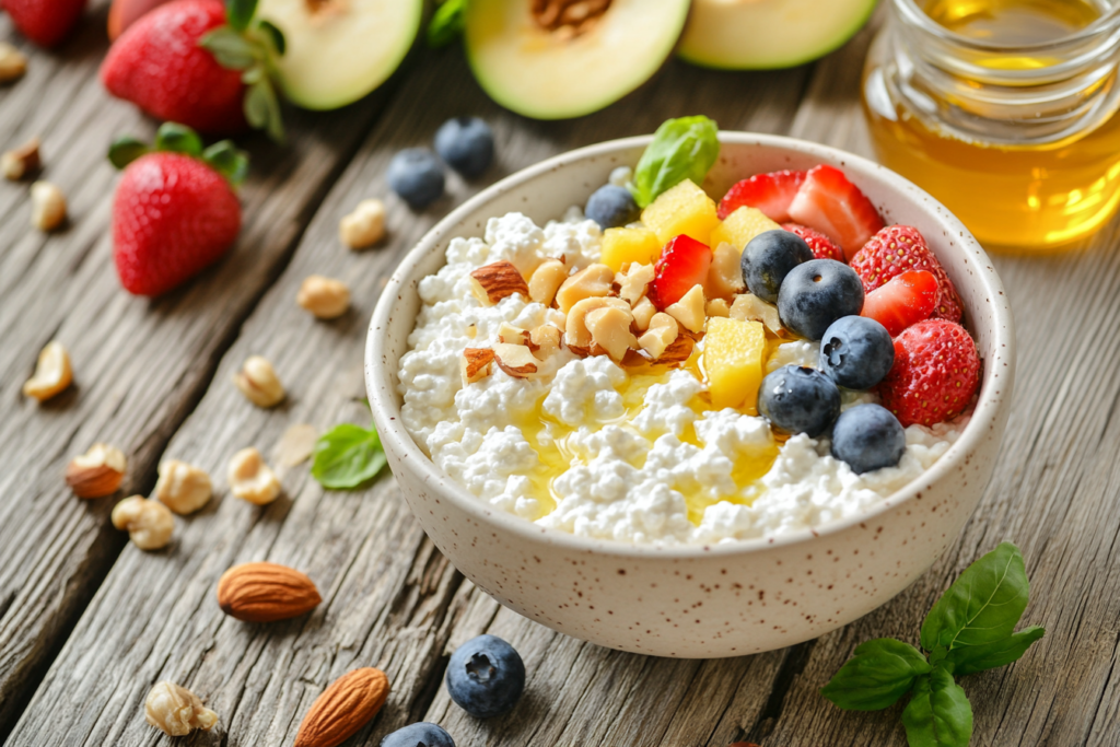 A bowl of cottage cheese surrounded by fresh fruits, nuts, and savory toppings, showcasing versatile ways to enjoy cottage cheese.