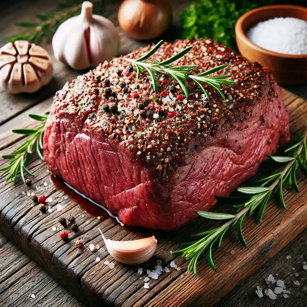 Here is the image of the perfectly seasoned chuck roast on a wooden cutting board, surrounded by garlic cloves, rosemary sprigs, and a small bowl of coarse salt. I hope it captures exactly what you were envisioning!