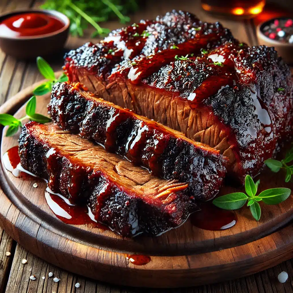 Juicy smoked chuck roast burnt ends served with BBQ sauce on a wooden platter