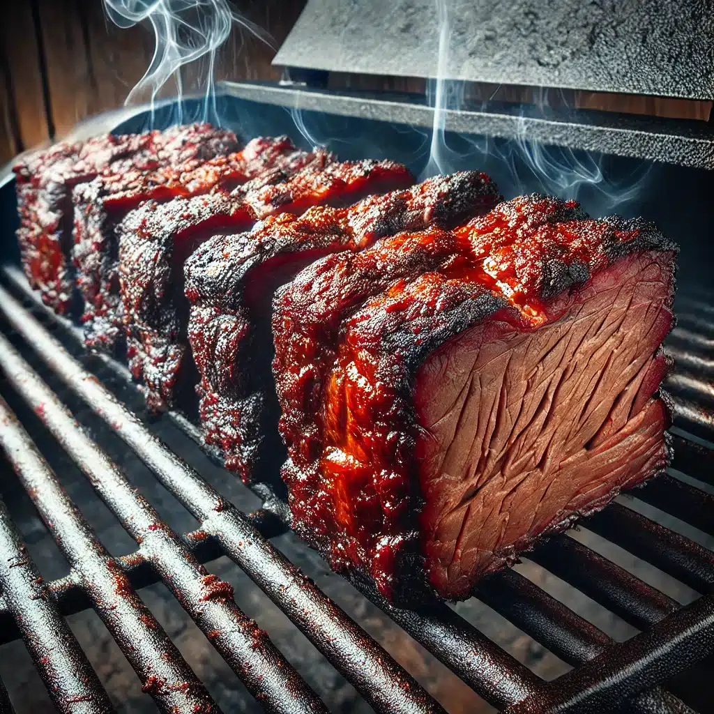 High-quality image of chuck roast burnt ends on a smoker, featuring caramelized, crispy meat with visible marbling, smoke rising in the background, and a rustic smoker environment