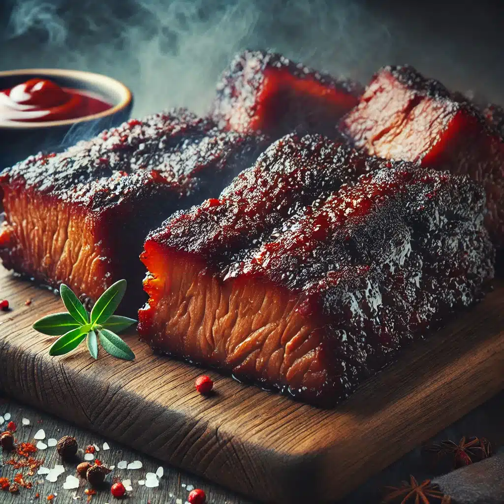 A high-quality image of juicy burnt ends on a cutting board, with a smoky background, emphasizing the texture and caramelization