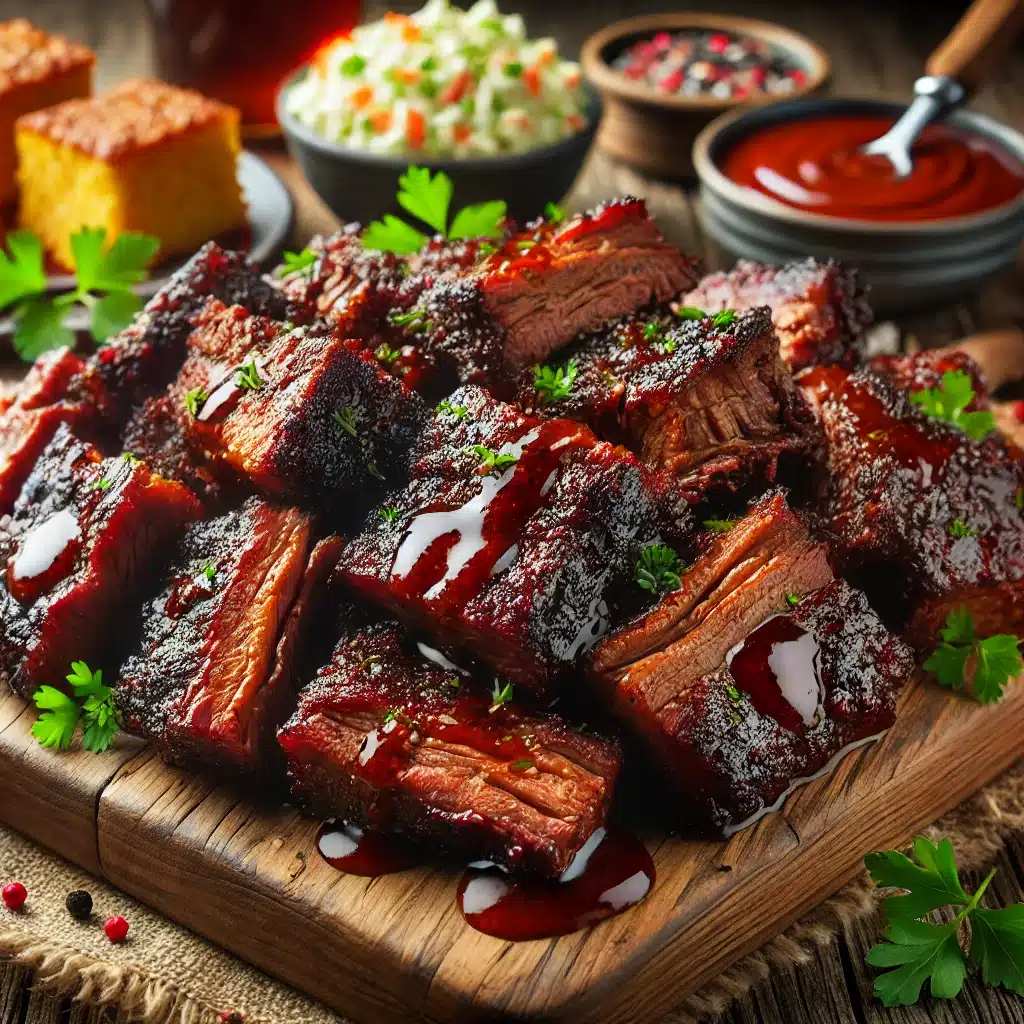 Close-up of crispy burnt ends made from a beef roast, served on a wooden platter with BBQ sauce