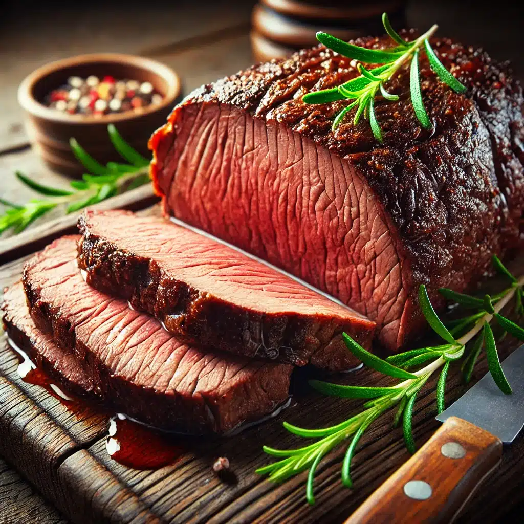 A close-up image of a perfectly cooked boneless beef chuck roast, sliced to show the tender, juicy interior, with a rustic wooden cutting board and a sprig of rosemary for garnish.