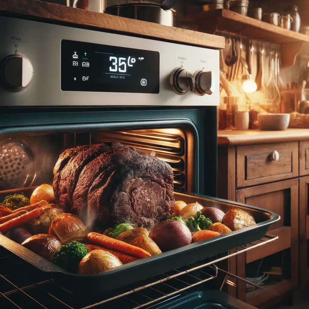 The image shows a warm and inviting kitchen with a rustic, homely atmosphere. In the foreground, there is an oven with its door slightly ajar, revealing a beautifully browned chuck roast surrounded by roasted vegetables like carrots, potatoes, and onions. The oven's temperature display is set to 325°F. Soft steam rises from the roast, indicating a slow and tender cooking process. The kitchen features wooden countertops, a few hanging cooking utensils, and is softly lit, enhancing the cozy and comforting feel of the space.