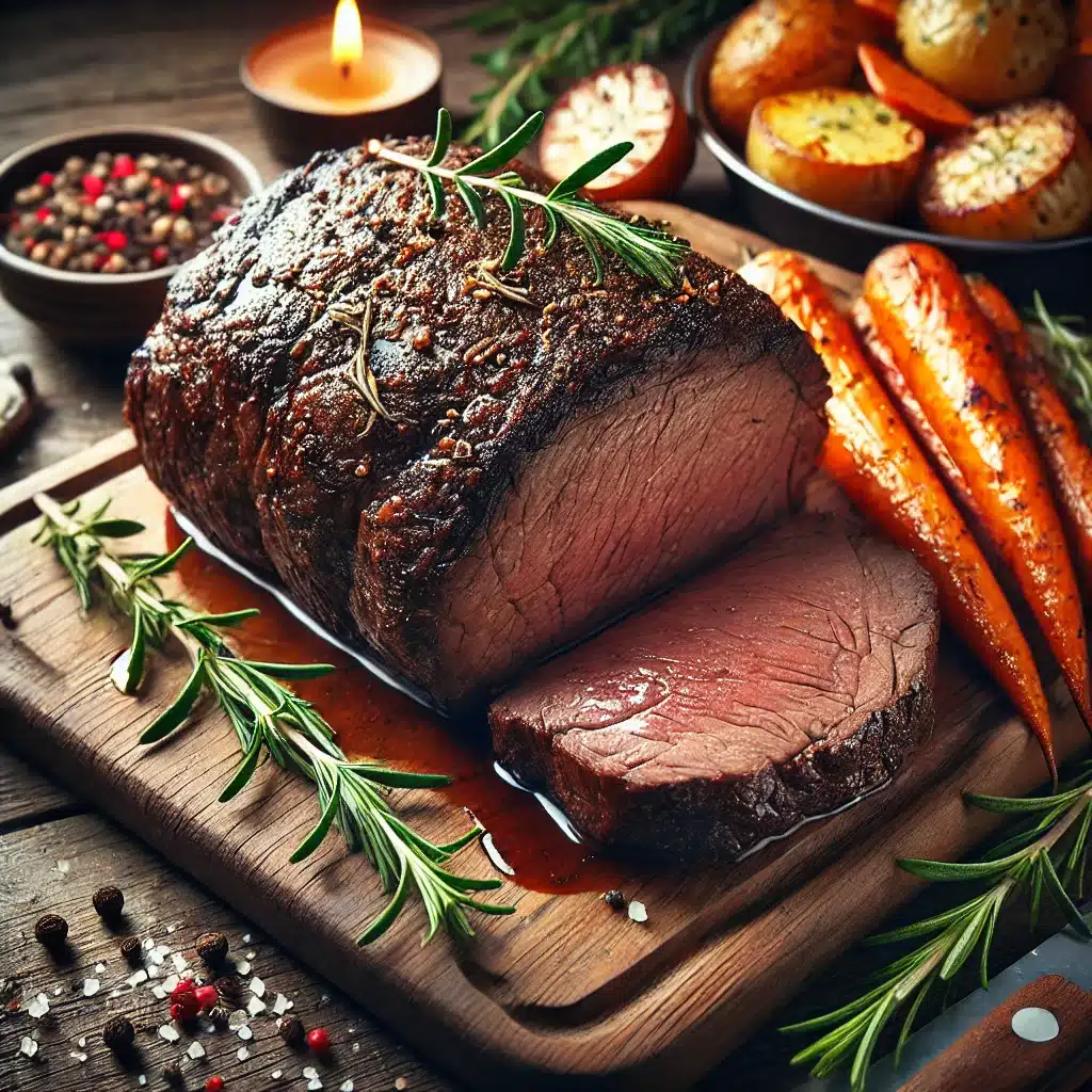 A beautifully cooked boneless chuck roast on a wooden cutting board, surrounded by roasted vegetables like carrots and potatoes, garnished with sprigs of rosemary and thyme."