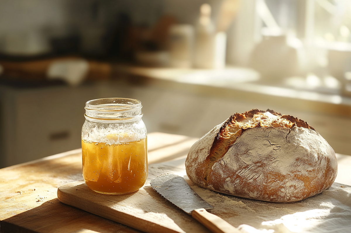 A close-up shot of a jar of sourdough discard next to a freshly baked loaf of sourdough bread, highlighting the texture and simplicity of the ingredients.