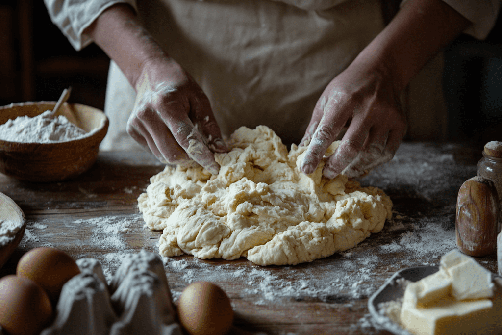 Close-up of a baker mixing sourdough discard into a dough, with various ingredients like flour, eggs, and butter on a rustic wooden table