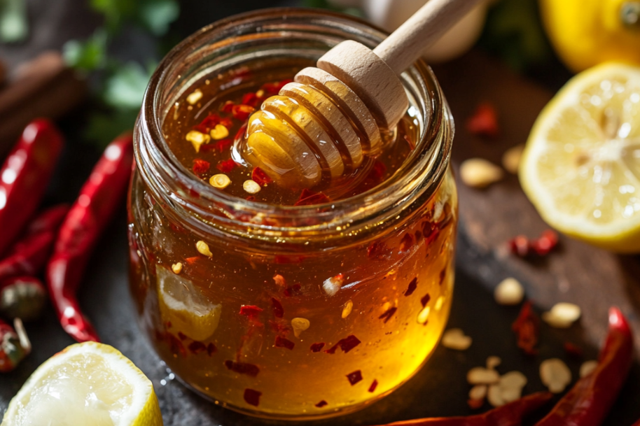 Close-up shot of a jar of homemade hot honey with sliced chili peppers and a honey dipper, surrounded by fresh ingredients like garlic, lemon, and herbs