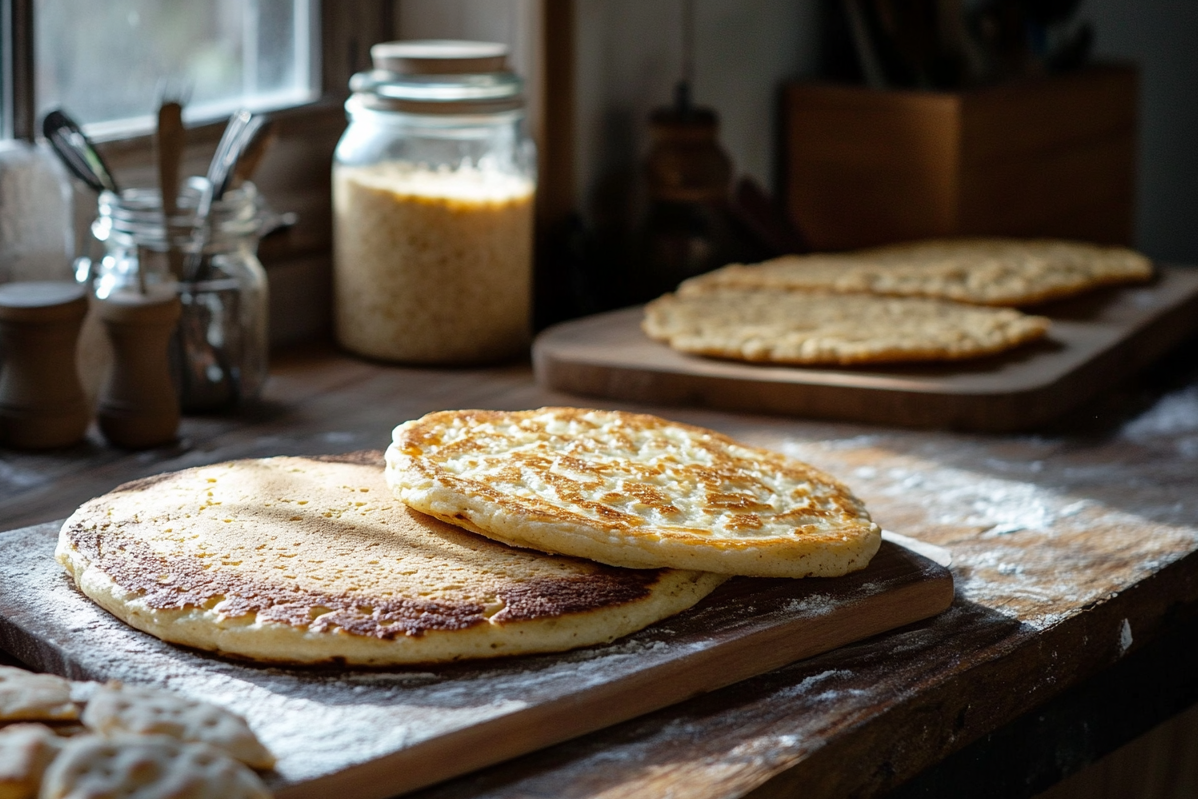 A close-up image of freshly baked sourdough pancakes, crackers, and pizza crust made using sourdough discard, with vibrant lighting and a rustic kitchen setting.