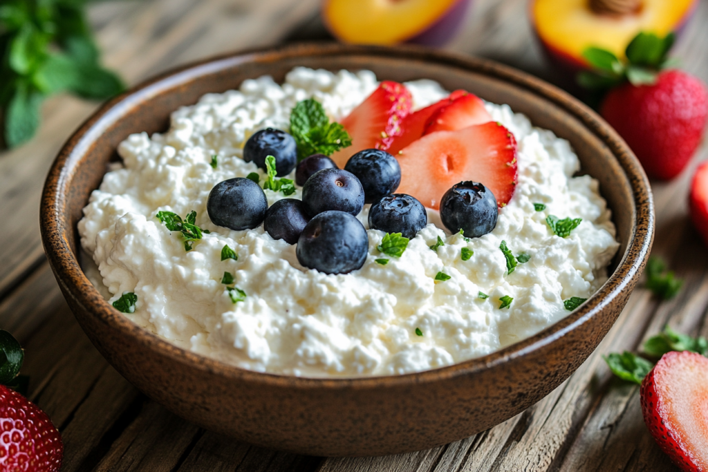 Creamy cottage cheese in a bowl with fresh fruits and herbs