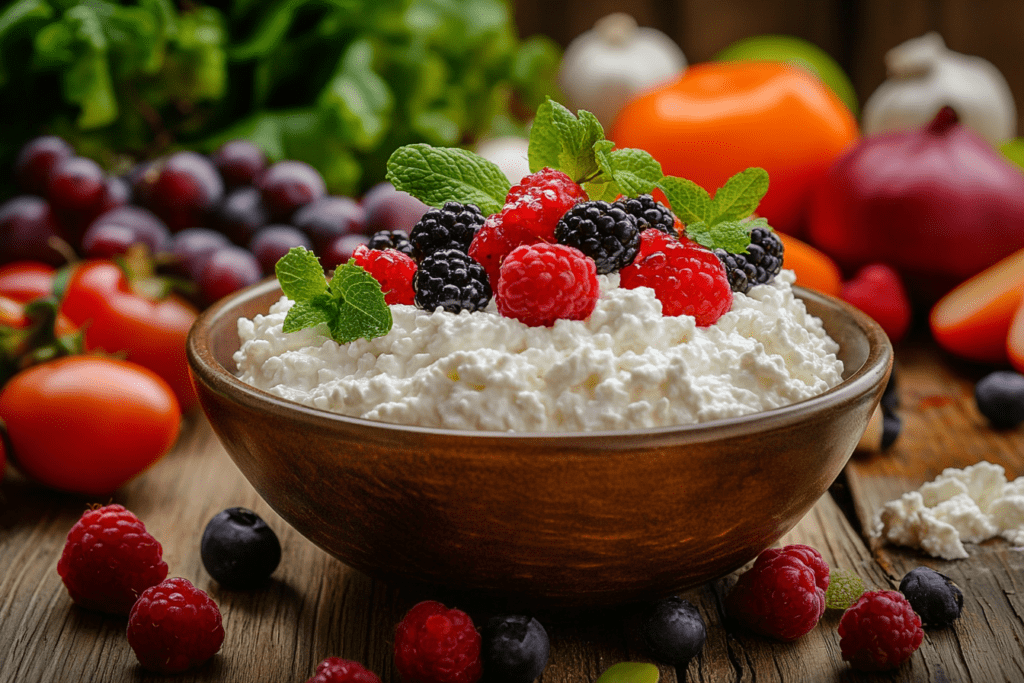 Bowl of fresh cottage cheese topped with berries, surrounded by ingredients like fruits and vegetables, showcasing its versatility in recipes.