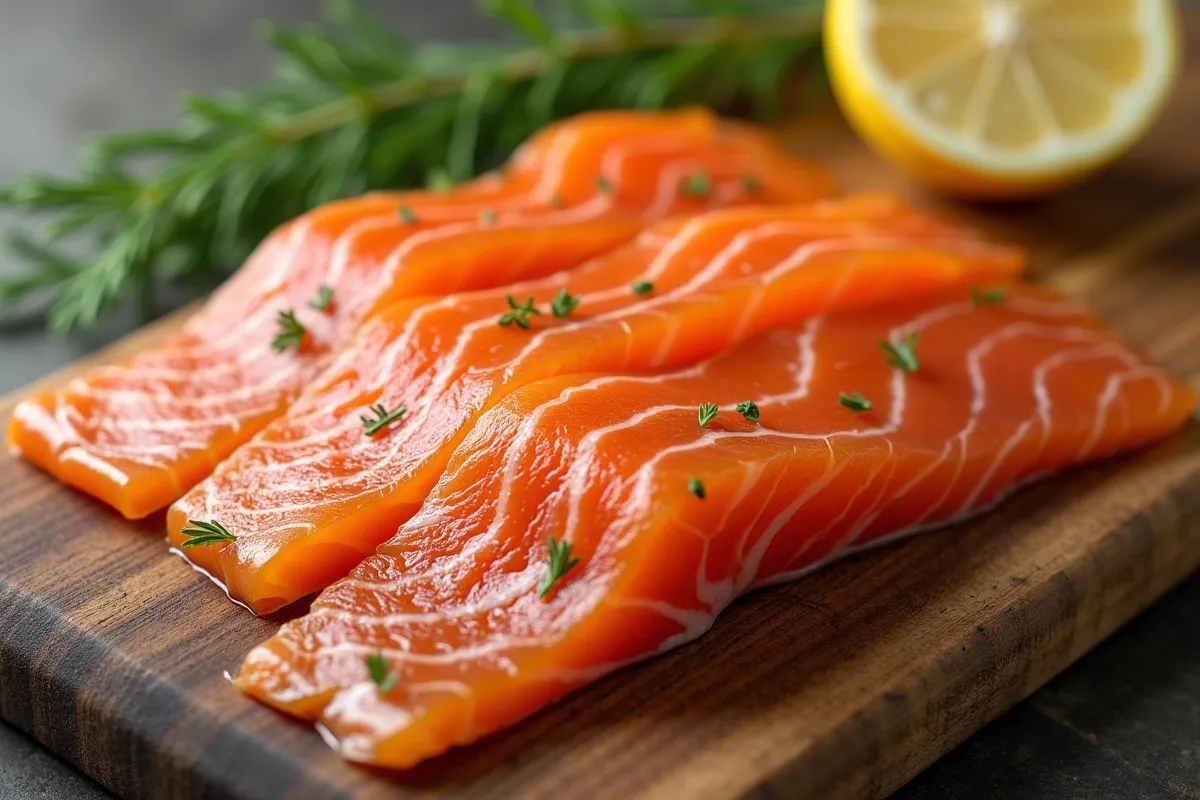 Homemade smoked salmon slices served with lemon and dill on a rustic wooden board