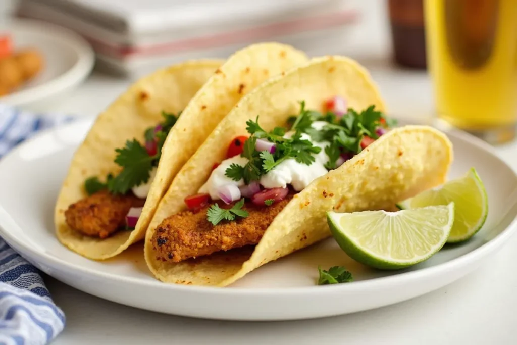 Delicious chicken tacos with fresh toppings like avocado, cilantro, and lime served on a rustic wooden table.