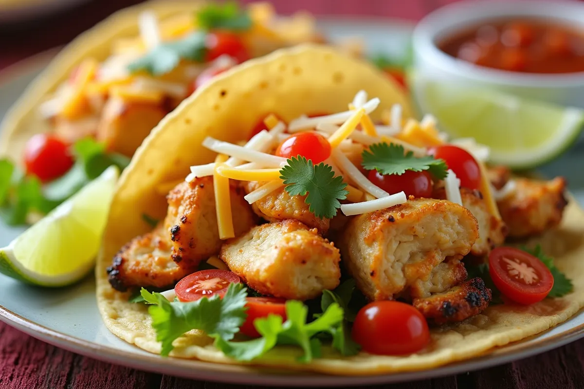 A delicious chicken taco filled with tender grilled chicken, fresh lettuce, diced tomatoes, and shredded cheese, served on a warm tortilla with a side of salsa and lime wedges.