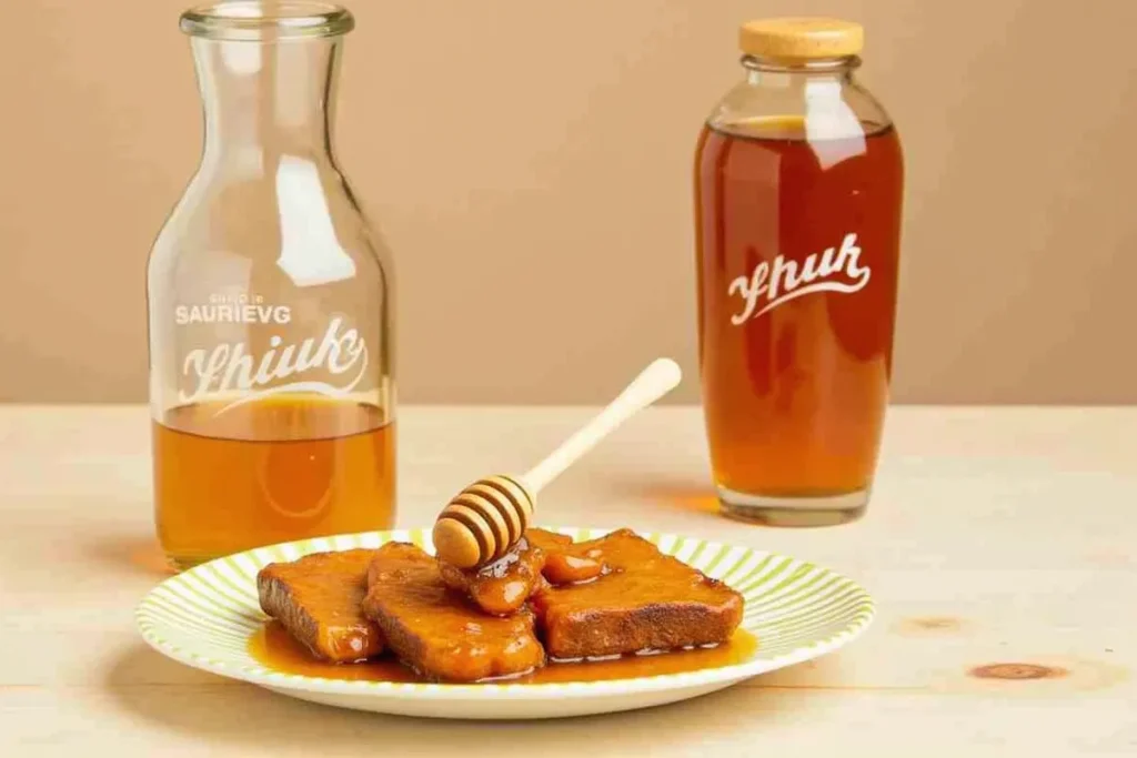 A close-up image of a jar of hot honey with visible chili flakes, surrounded by fresh chili peppers, a honey dipper, and a drizzle of honey. The photo should be bright and appetizing, with a rustic kitchen setting in the background to emphasize a homemade feel.