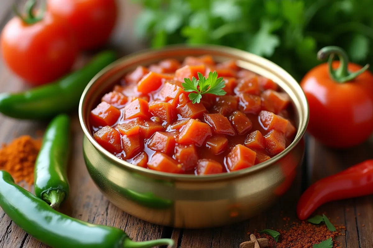 Close-up of a can of Rotel diced tomatoes and green chilies with fresh ingredients like tomatoes, chilies, cilantro, and spices around it.