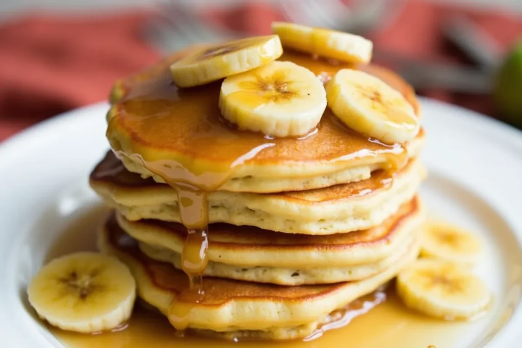 Delicious Bananas Foster Pancakes with caramelized bananas and rich maple syrup topping, served on a plate for breakfast or brunch