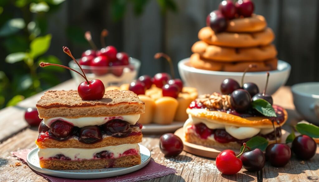 A lush, sun-dappled summer scene featuring an assortment of delectable cherry desserts. In the foreground, a decadent cherry amaretto tiramisu glistens with a dusting of cocoa powder, its layers of ladyfingers, creamy mascarpone, and plump, juicy cherries arranged with artful precision. Beside it, a delicate cherry tart with a buttery crust and a vibrant ruby-red fruit filling. In the middle ground, a towering cherry cobbler, its golden biscuit topping crowned with glistening cherries. In the background, a wooden table, weathered and rustic, sets the stage, while soft, diffused lighting casts a warm, inviting glow over the scene. The overall atmosphere is one of indulgence, summertime abundance, and the alluring aroma of ripe, juicy cherries.
