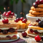 A lush, sun-dappled summer scene featuring an assortment of delectable cherry desserts. In the foreground, a decadent cherry amaretto tiramisu glistens with a dusting of cocoa powder, its layers of ladyfingers, creamy mascarpone, and plump, juicy cherries arranged with artful precision. Beside it, a delicate cherry tart with a buttery crust and a vibrant ruby-red fruit filling. In the middle ground, a towering cherry cobbler, its golden biscuit topping crowned with glistening cherries. In the background, a wooden table, weathered and rustic, sets the stage, while soft, diffused lighting casts a warm, inviting glow over the scene. The overall atmosphere is one of indulgence, summertime abundance, and the alluring aroma of ripe, juicy cherries.