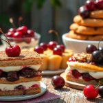A lush, sun-dappled summer scene featuring an assortment of delectable cherry desserts. In the foreground, a decadent cherry amaretto tiramisu glistens with a dusting of cocoa powder, its layers of ladyfingers, creamy mascarpone, and plump, juicy cherries arranged with artful precision. Beside it, a delicate cherry tart with a buttery crust and a vibrant ruby-red fruit filling. In the middle ground, a towering cherry cobbler, its golden biscuit topping crowned with glistening cherries. In the background, a wooden table, weathered and rustic, sets the stage, while soft, diffused lighting casts a warm, inviting glow over the scene. The overall atmosphere is one of indulgence, summertime abundance, and the alluring aroma of ripe, juicy cherries.