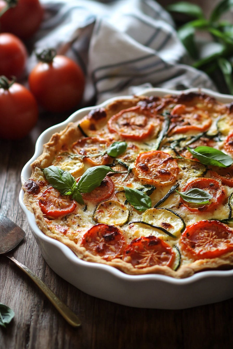 Easy Crustless Tomato Pie with Zucchini and Vidalia Onion
