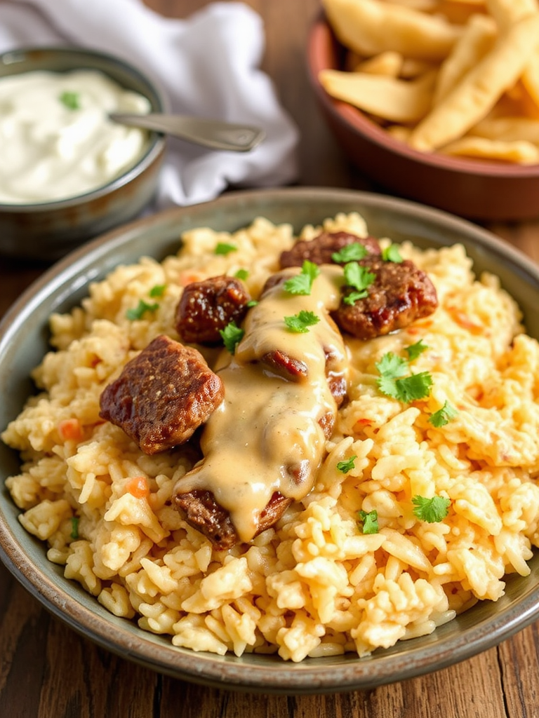Creamy Queso Rice with Juicy Steak Strips
