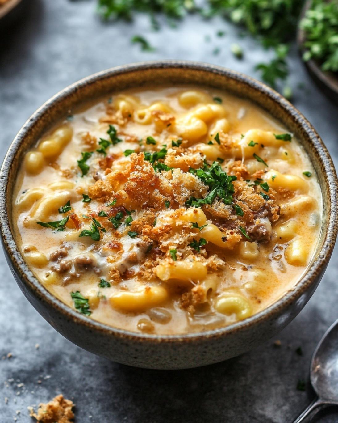 Creamy Mac Cheese Burger Soup Bowl Ultimate Comfort Food Mashup 1