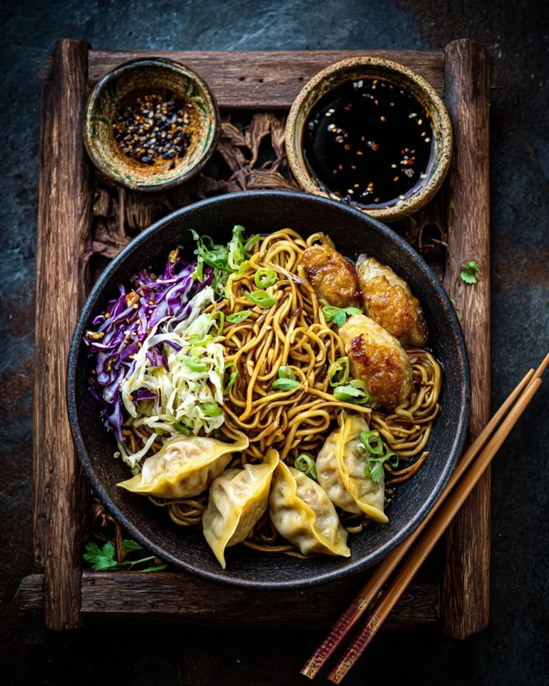 Delectable Pork Potsticker Noodles with Crispy Cabbage