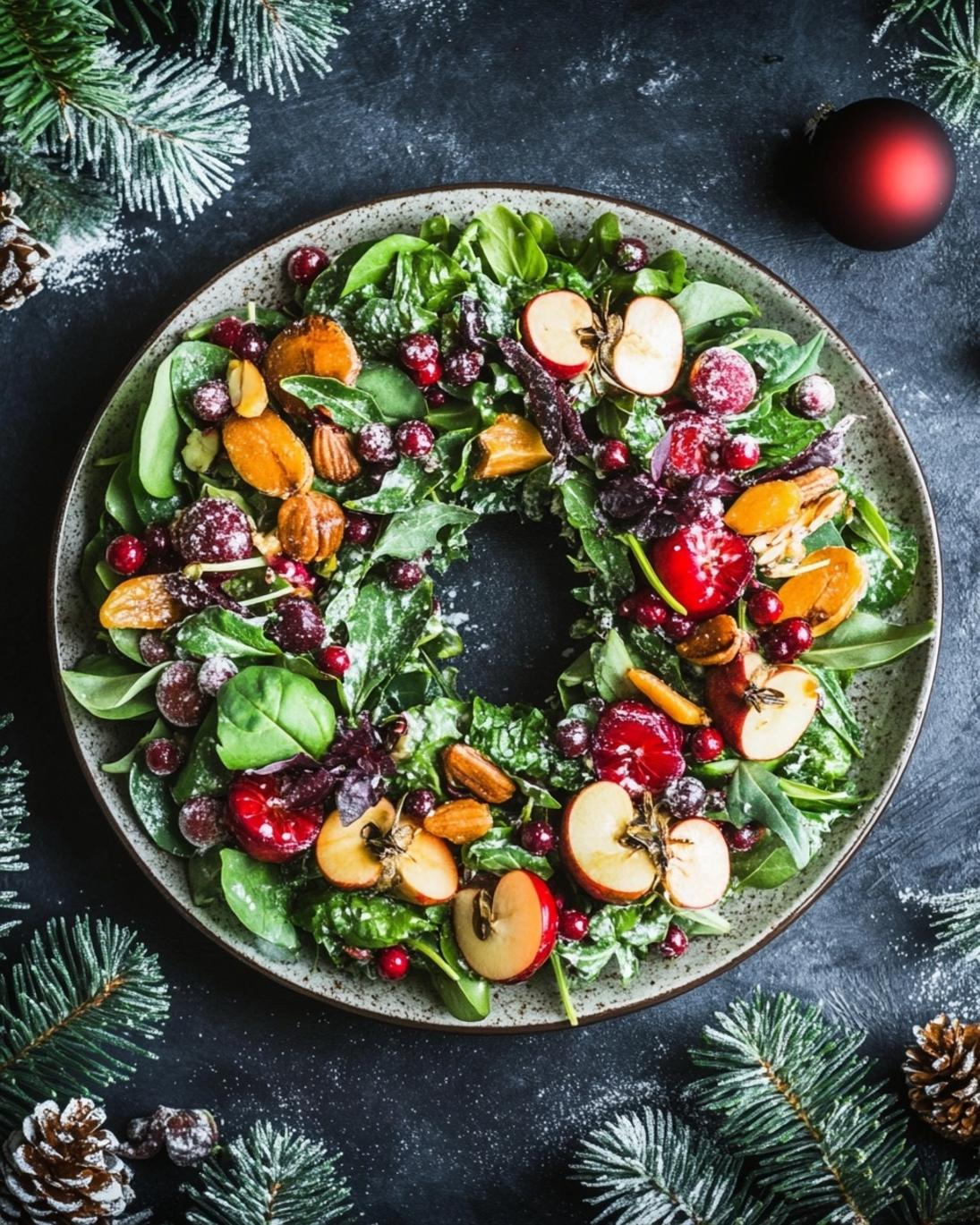 Festive Holiday Christmas Wreath Salad with Fresh Greens 3