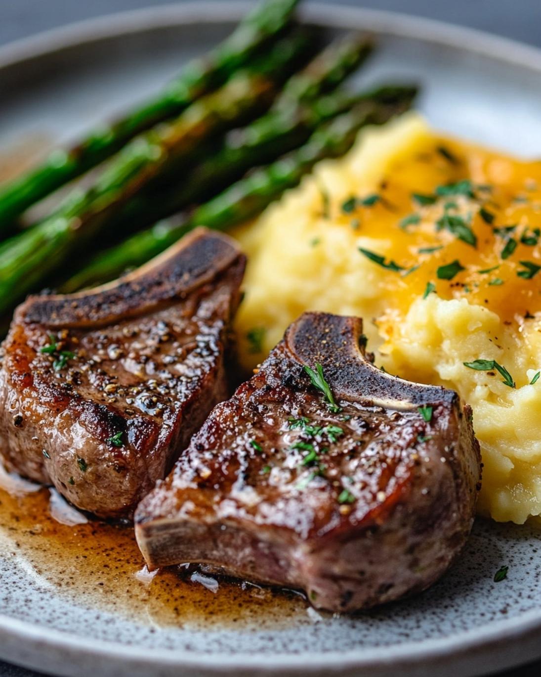 Garlic Herb Lamb Chops with Cheddar Mashed Potatoes Roasted Asparagus 1