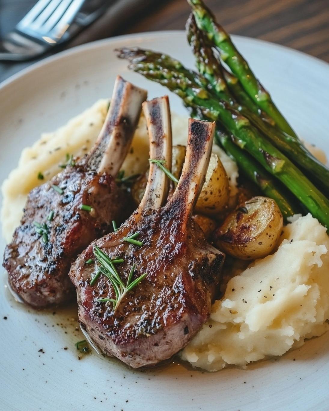 Garlic Herb Lamb Chops with Cheddar Mashed Potatoes Roasted Asparagus 3
