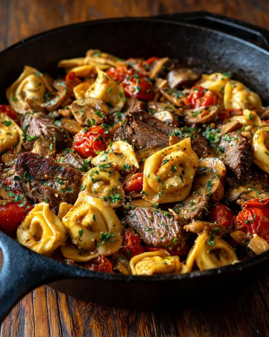 Garlicky Steak and Tortellini Skillet