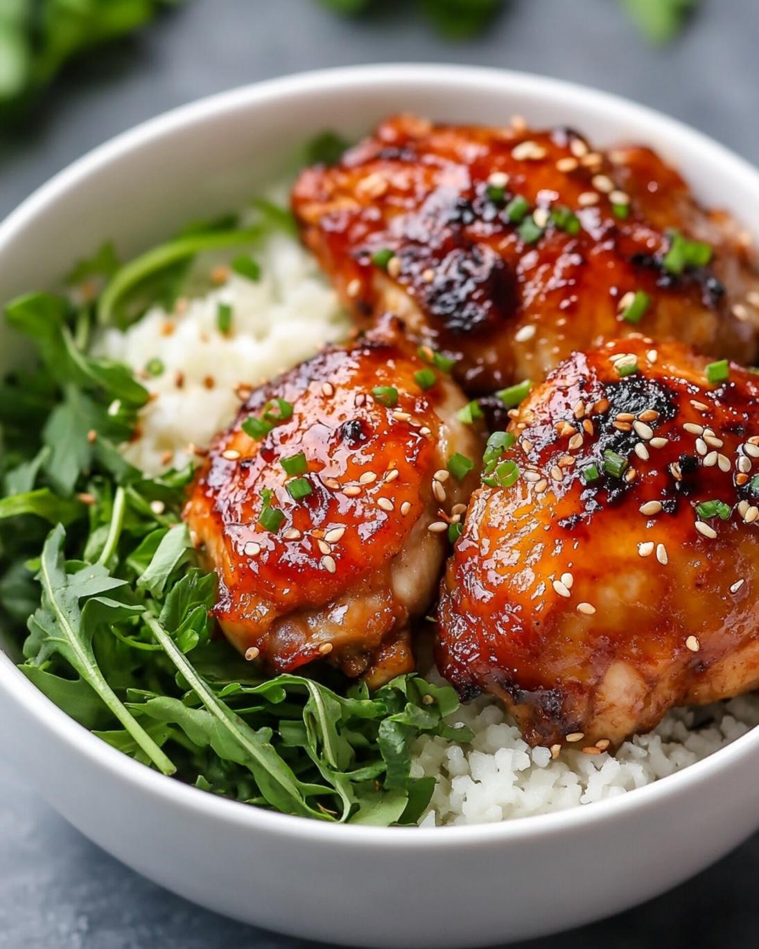 Sticky Sriracha Honey Garlic Chicken Thighs Dinner Bowl 1