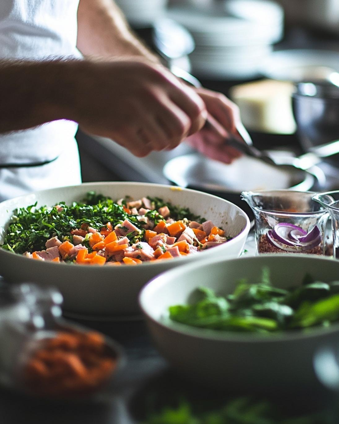 ingrediant of Creamy Ham Salad with Crunchy Vegetables Fresh Herbs