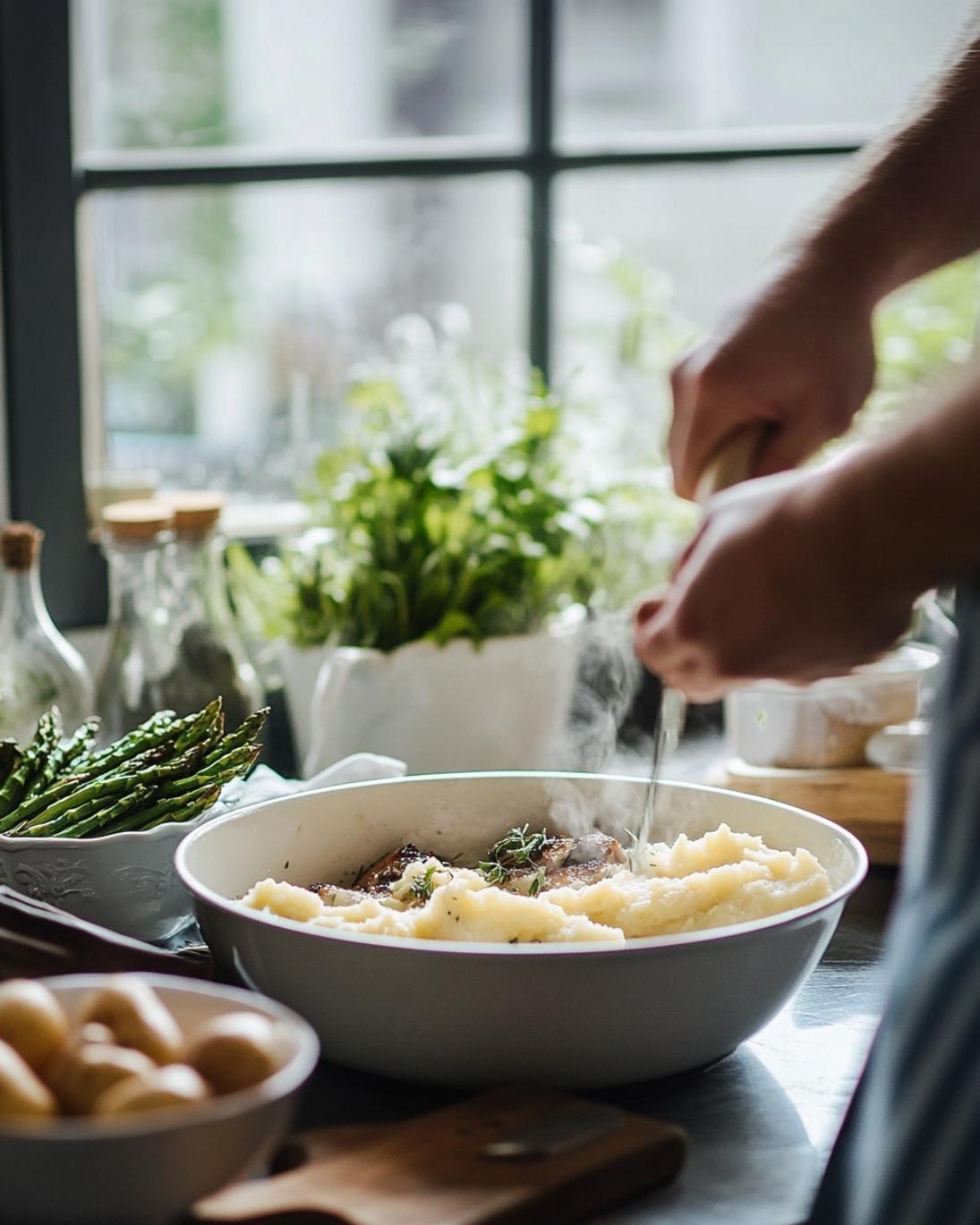 ingrediant of Garlic Herb Lamb Chops with Cheddar Mashed Potatoes Roasted Asparagus 1
