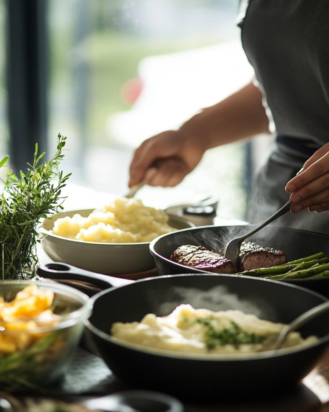 ingrediant of Garlic Herb Lamb Chops with Cheddar Mashed Potatoes Roasted Asparagus