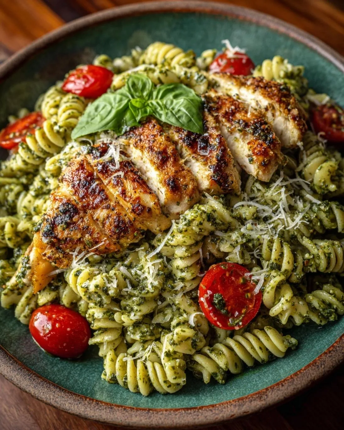 Creamy Pesto Pasta with Golden Parmesan Chicken