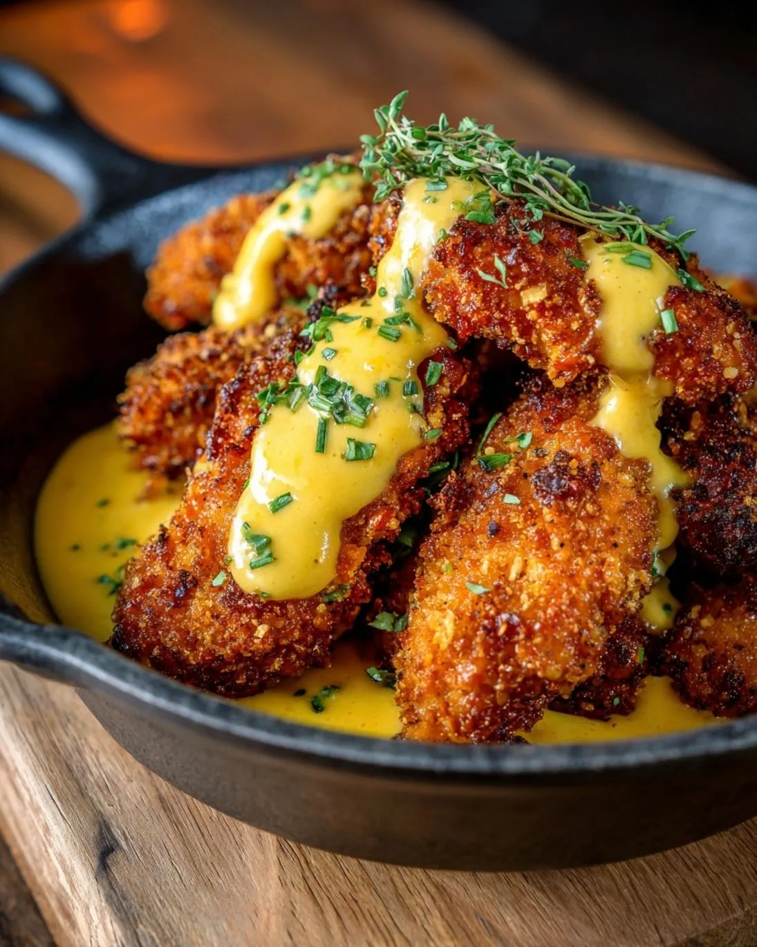 Crispy Pretzel Chicken with Tangy Cheddar Sauce