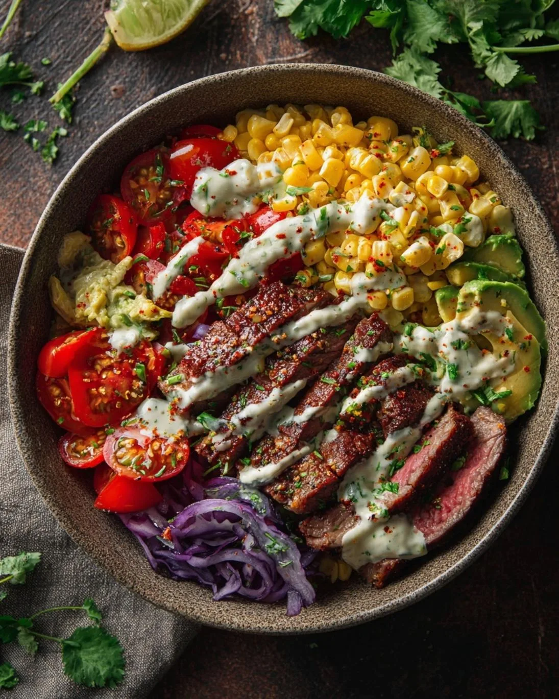 Zesty Steak Avocado Corn Bowl with Cilantro Cream