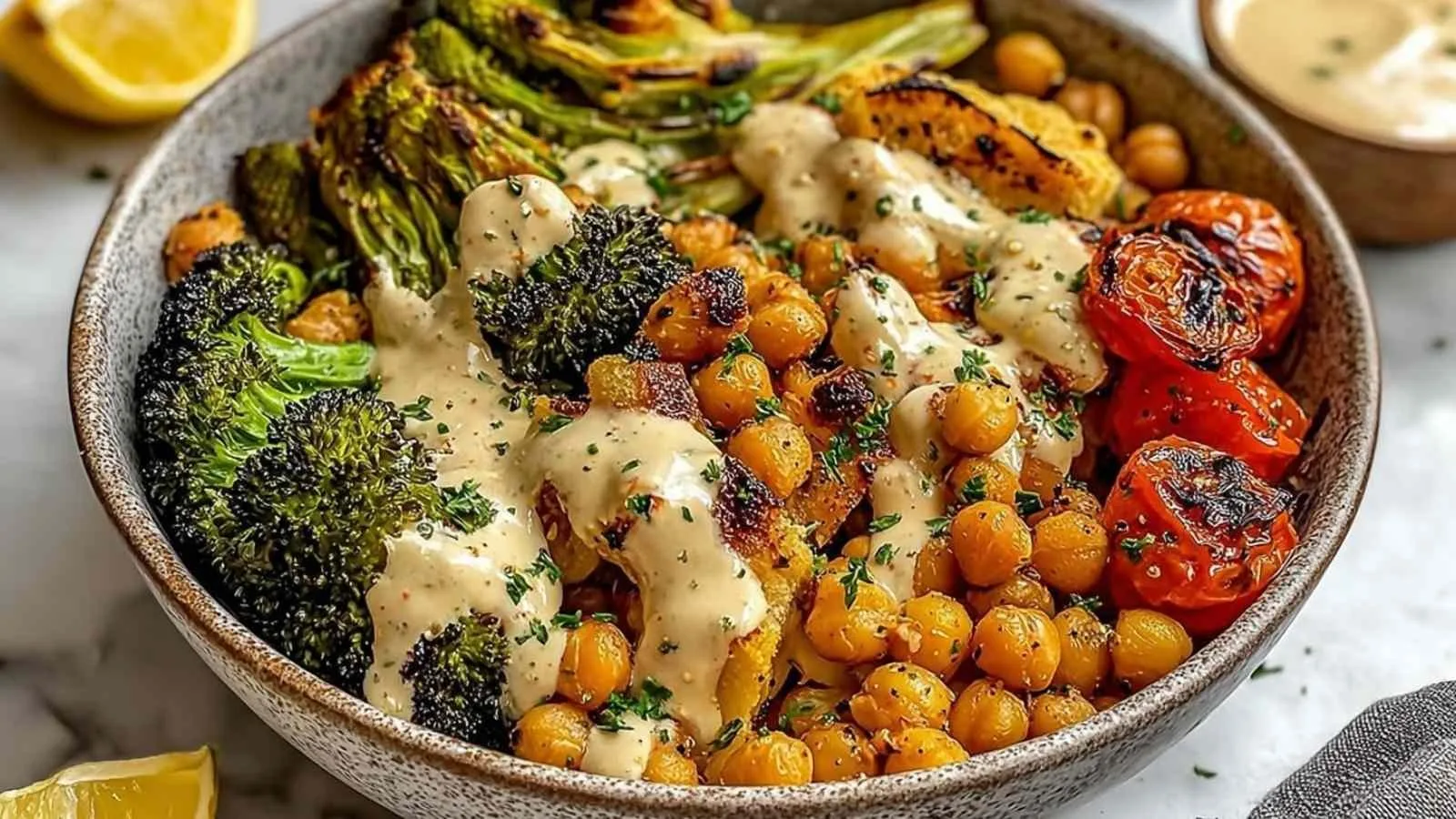 Roasted Veggie Chickpea Bowls with Maple Dijon Tahini Dressing