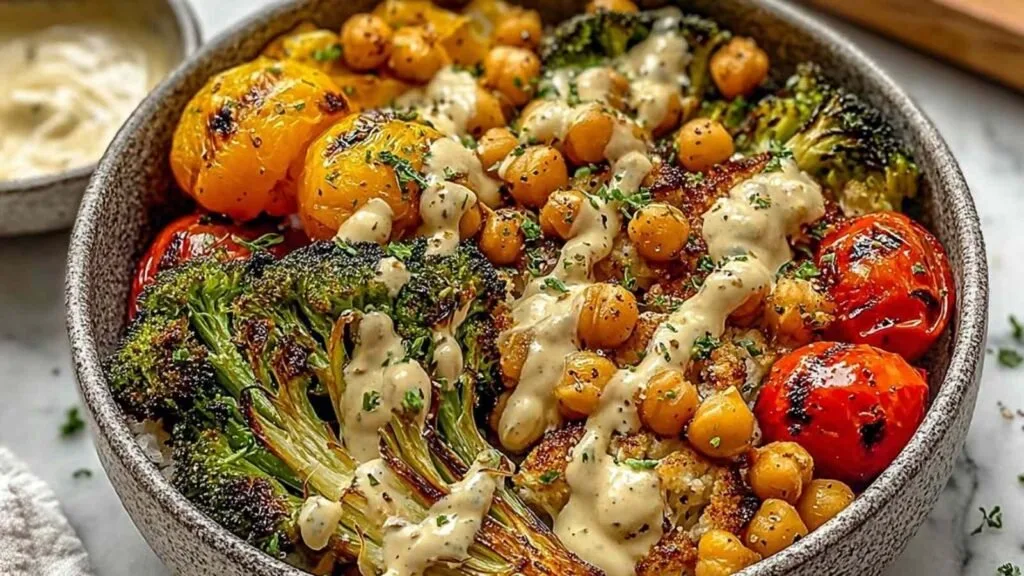 Roasted Veggie Chickpea Bowls with Maple Dijon Tahini Dressing 2 Roasted Veggie Chickpea Bowls 2 1024x576 1