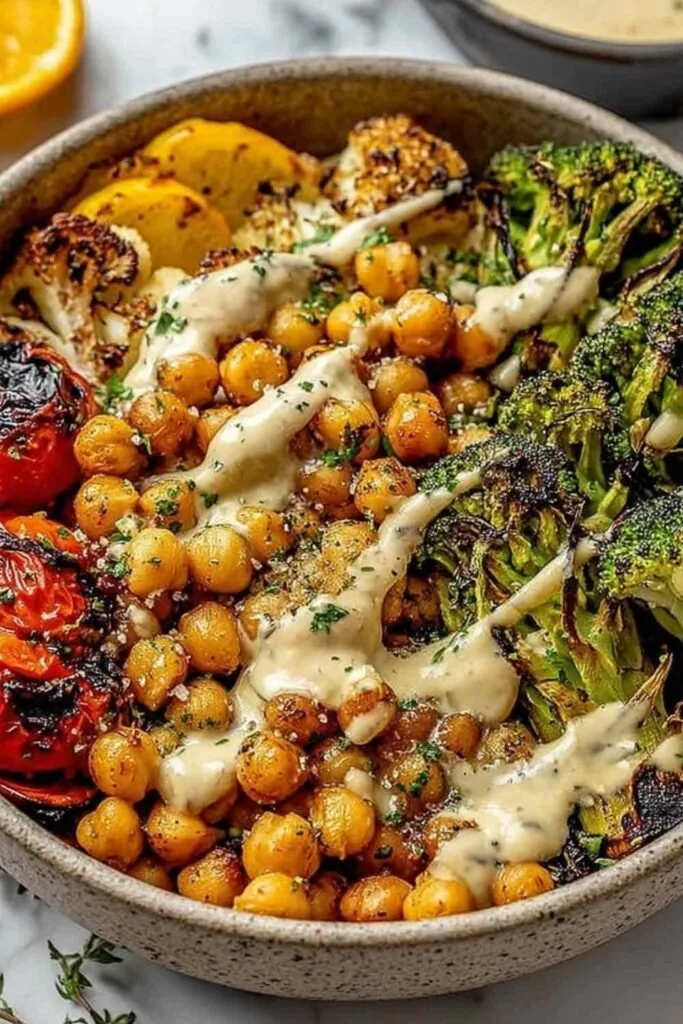 Roasted Veggie Chickpea Bowls with Maple Dijon Tahini Dressing 3 Roasted Veggie Chickpea Bowls 3 683x1024 1