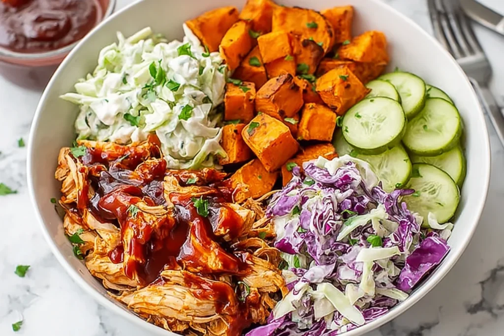 BBQ Chicken Bowl with Sweet Potatoes Slaw Pickles 1024x683 2
