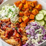 BBQ Chicken Bowl with Sweet Potatoes Slaw Pickles 150x150 1