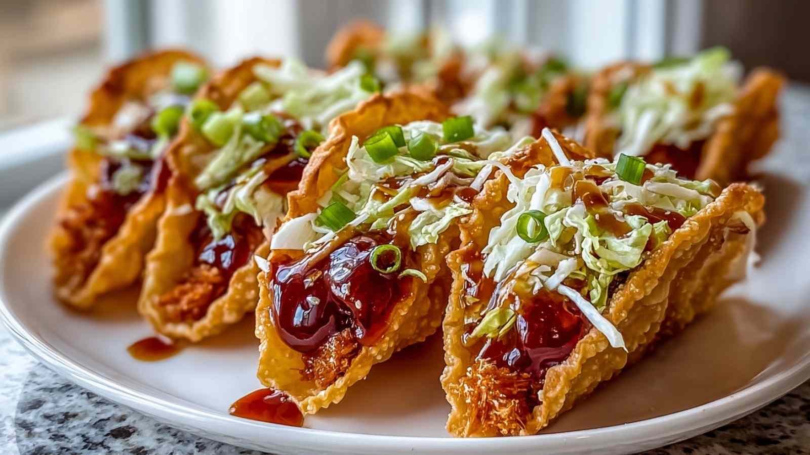 Crispy Chicken Wonton Tacos with Teriyaki Glaze