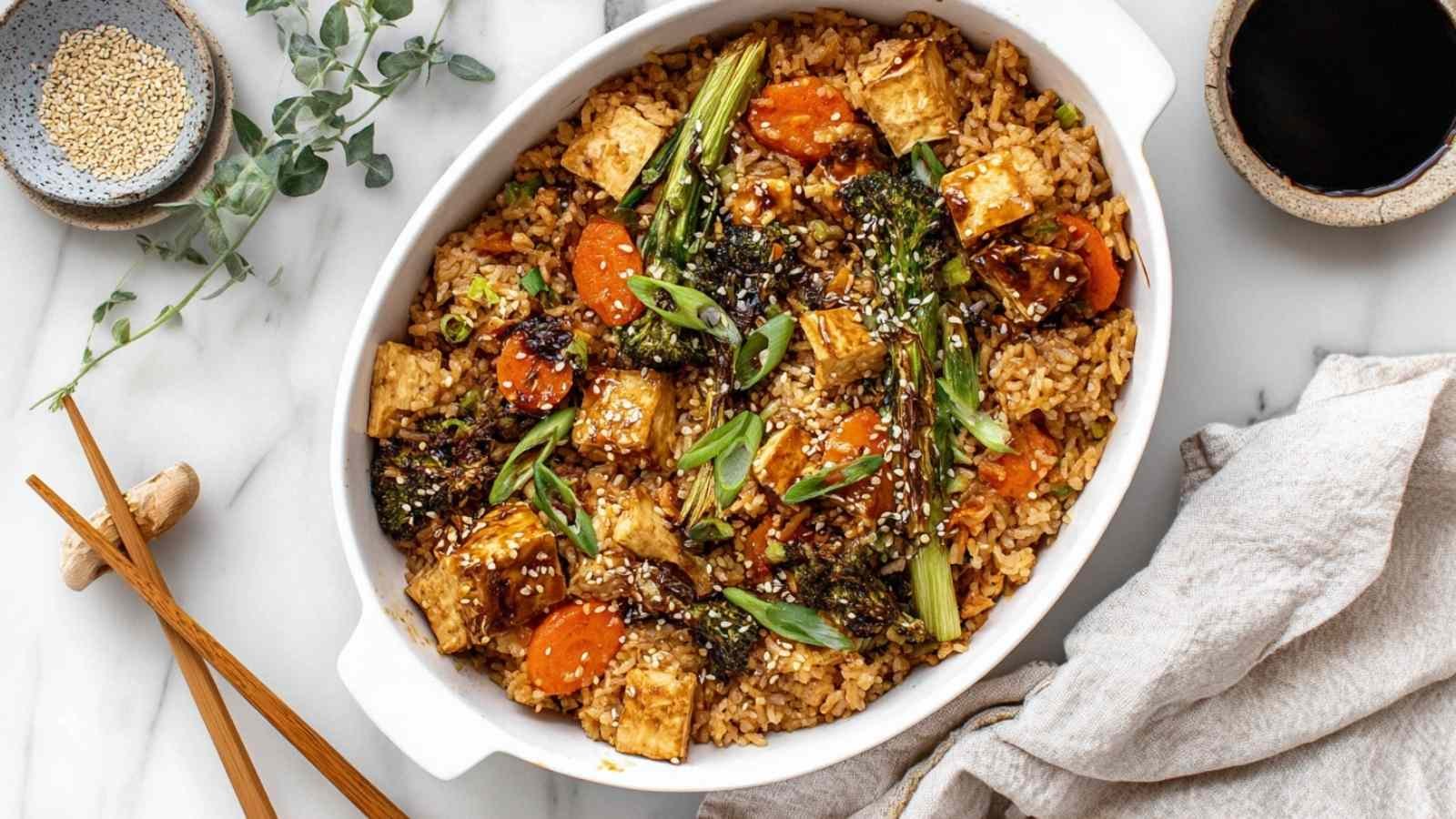 Dump and Bake Teriyaki Tofu Rice Casserole