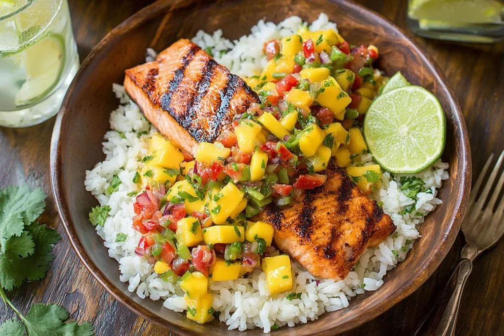 Grilled Salmon with Mango Salsa and Coconut Rice Bowl 1024x683 2