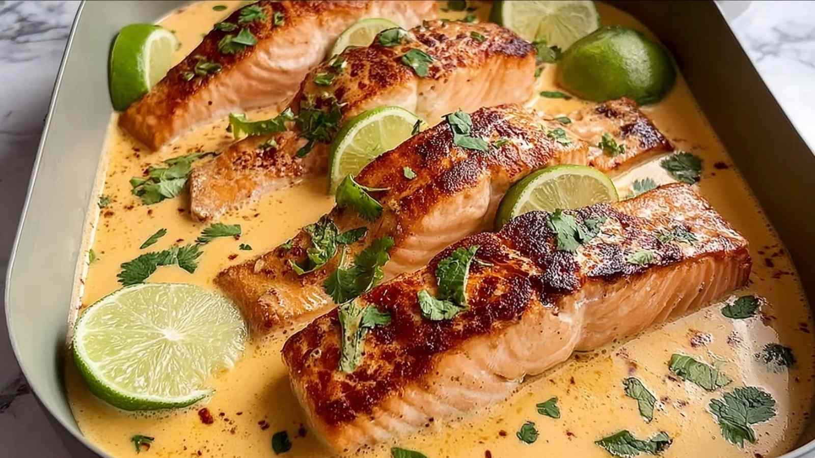 High Protein Poached Salmon in Coconut Lime Sauce